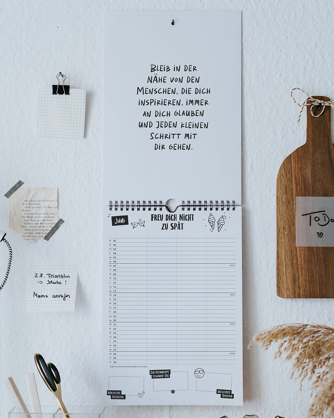 Familienkalender 2027, Juni-Blatt mit Monatsspruch, Kalenderwochen und Feldern für Meilensteine