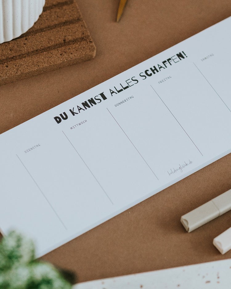 Wochenplaner „Du kannst alles schaffen!“ im Querformat mit sieben Wochentags-Feldern zum Notieren