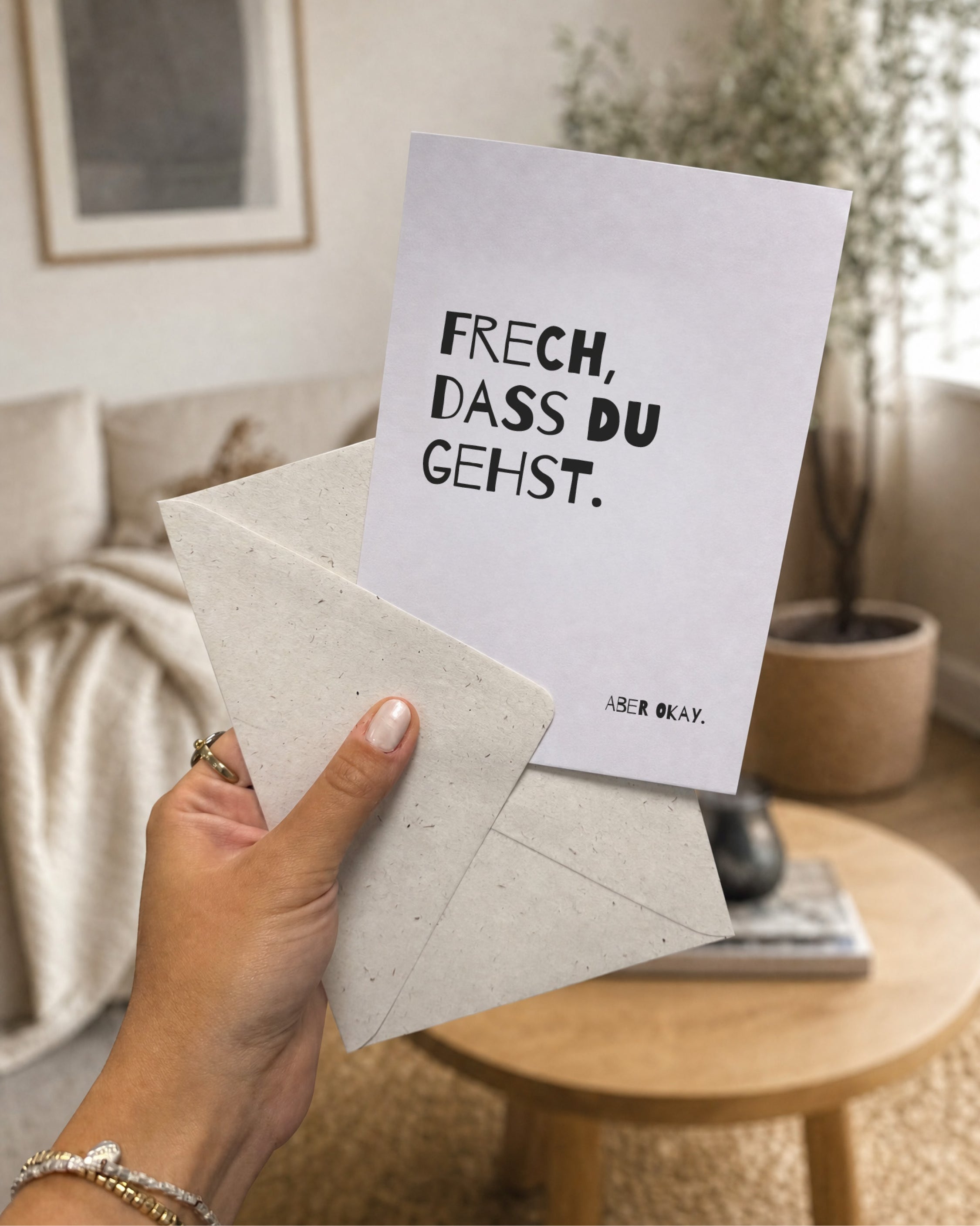 Abschiedskarte „Frech, dass du gehst. Aber okay.“ – Produktansicht, 125 × 176 mm
