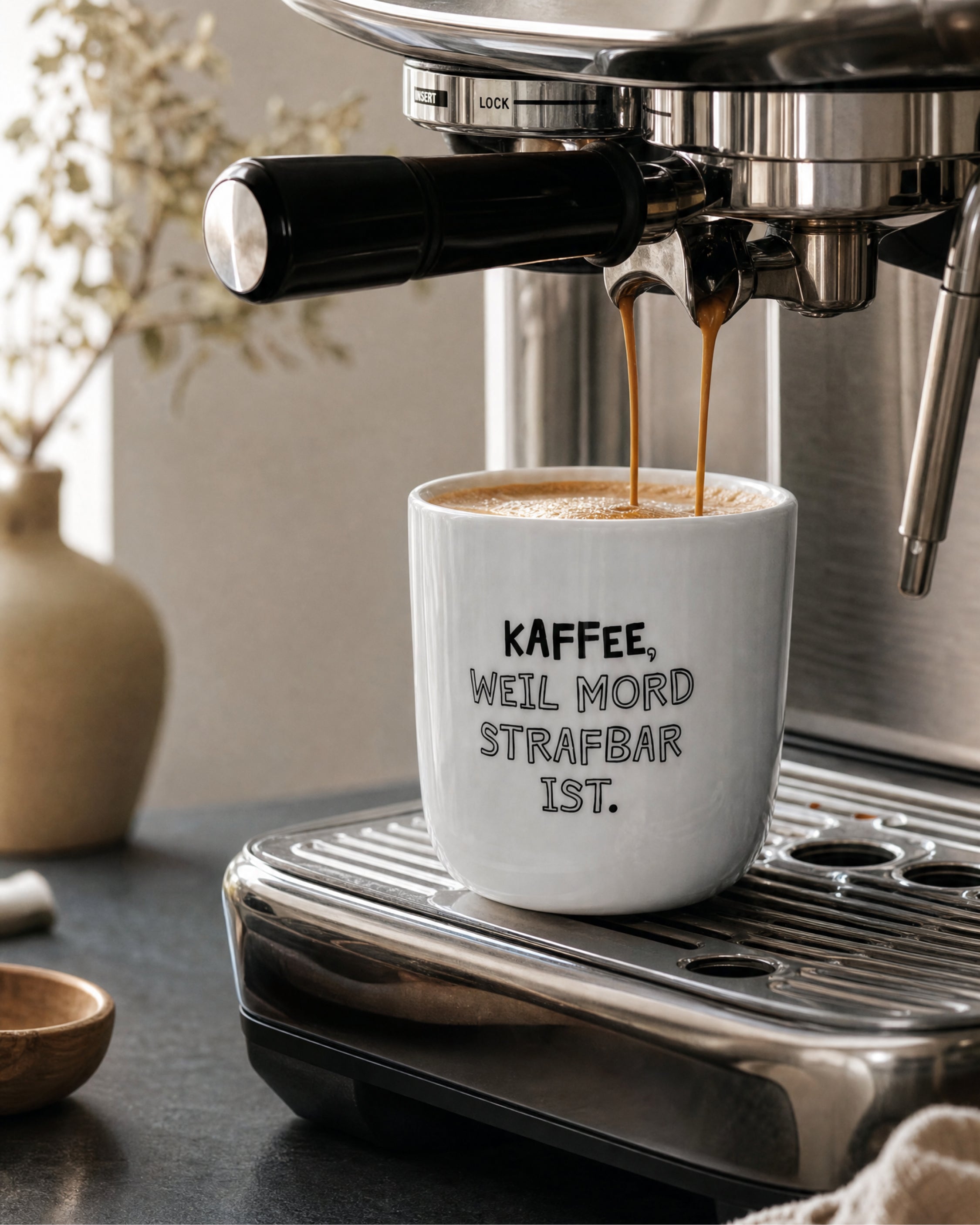 Weißer Becher mit Spruch als Geschenkidee
